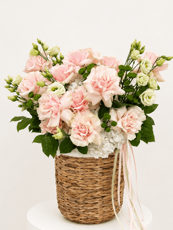 Pink rose basket arrangement